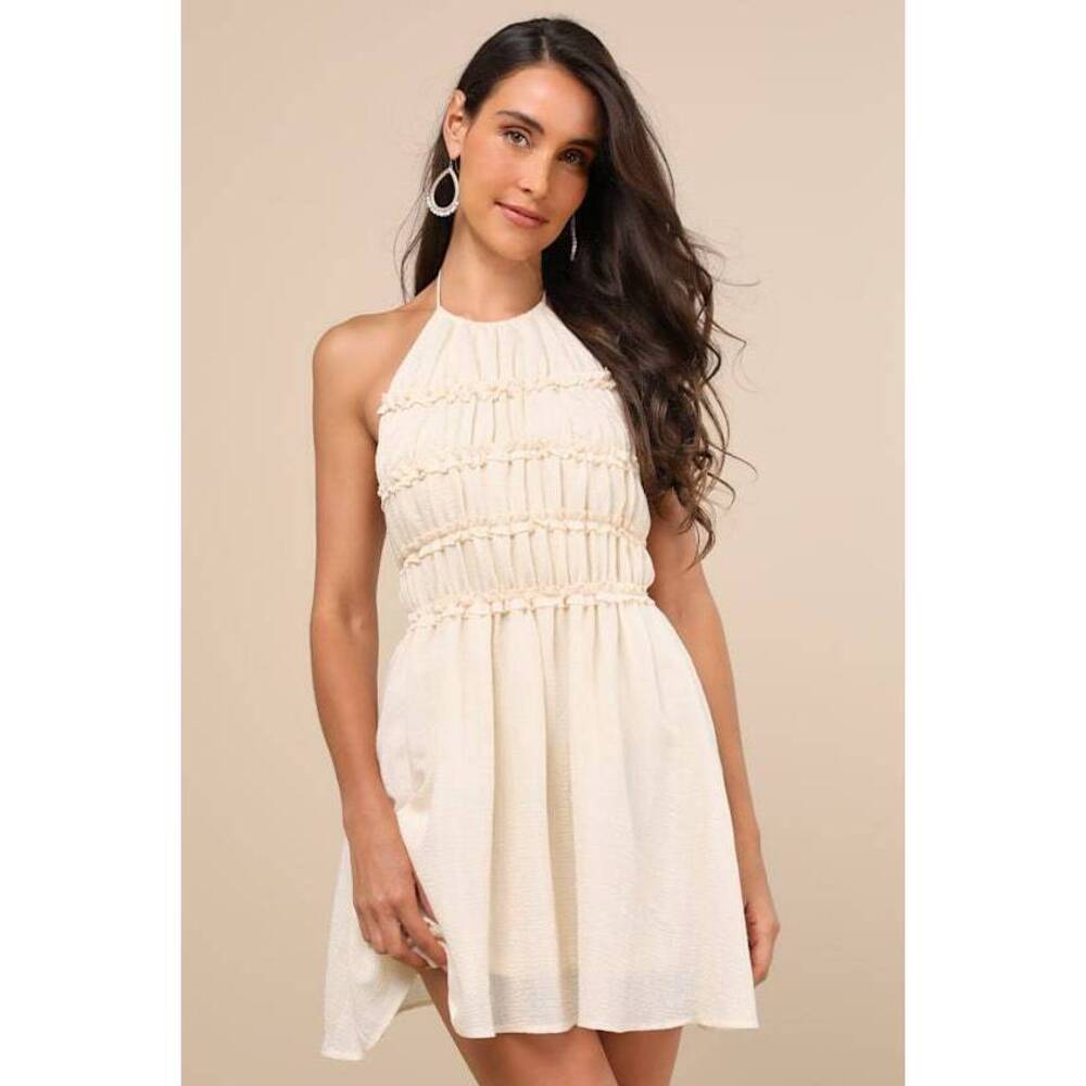 Lulus Kallina Cream Ruffled Halter Neck Mini Dress White - Size M - NWT!